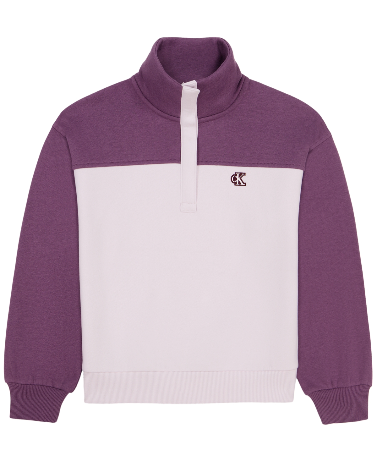 Calvin Klein Girls' 7-16 Color-Block Snap-Placket Stand-Collar Fleece Pullover Jacket - Orchid Ice