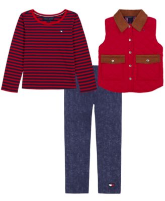 Girls' 4-6x Striped Long-Sleeve Quilted T-Shirt, Vest and Denim Leggings, 3-Piece Set