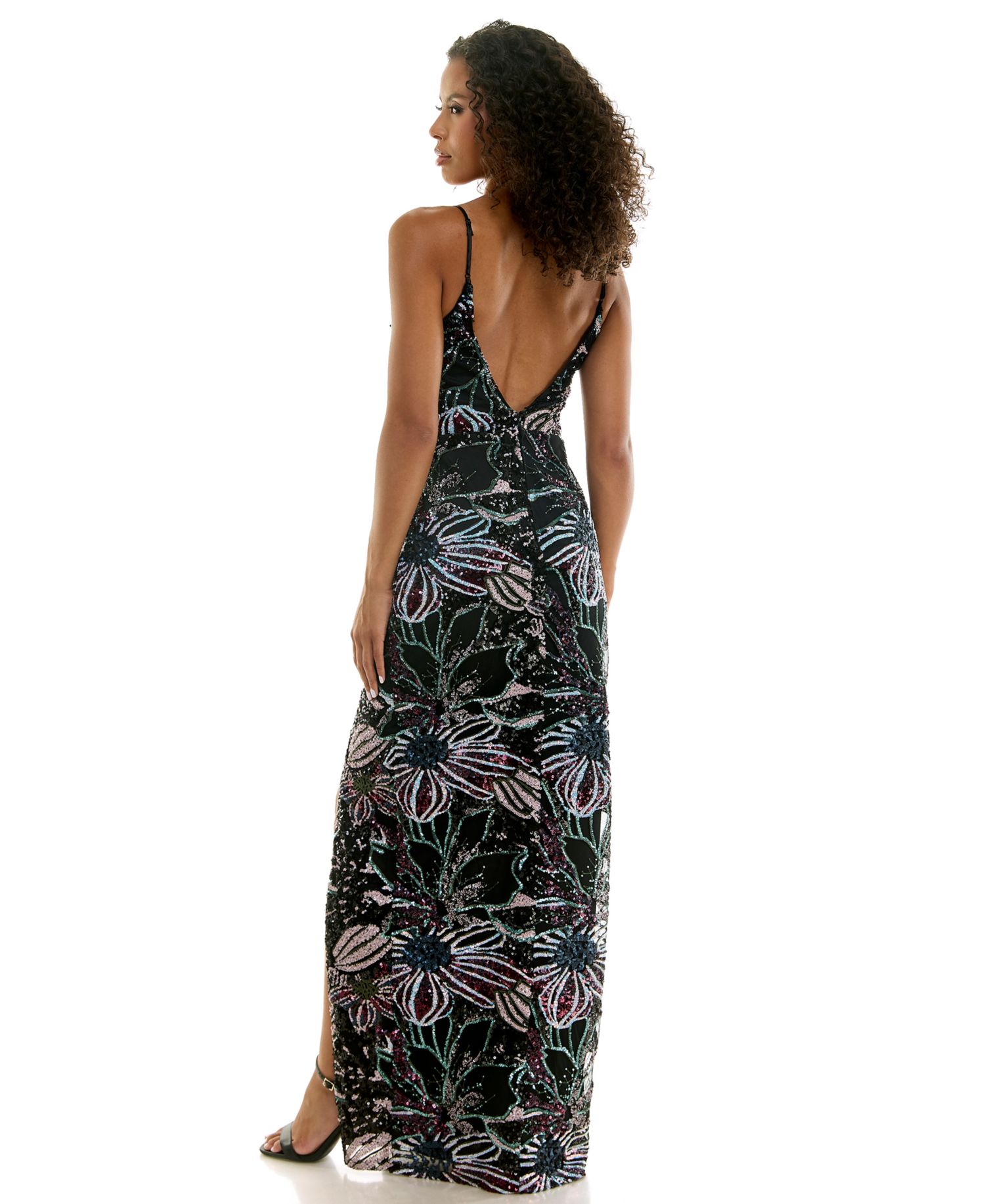 Juniors' V-Neck Sequin Floral Long Dress