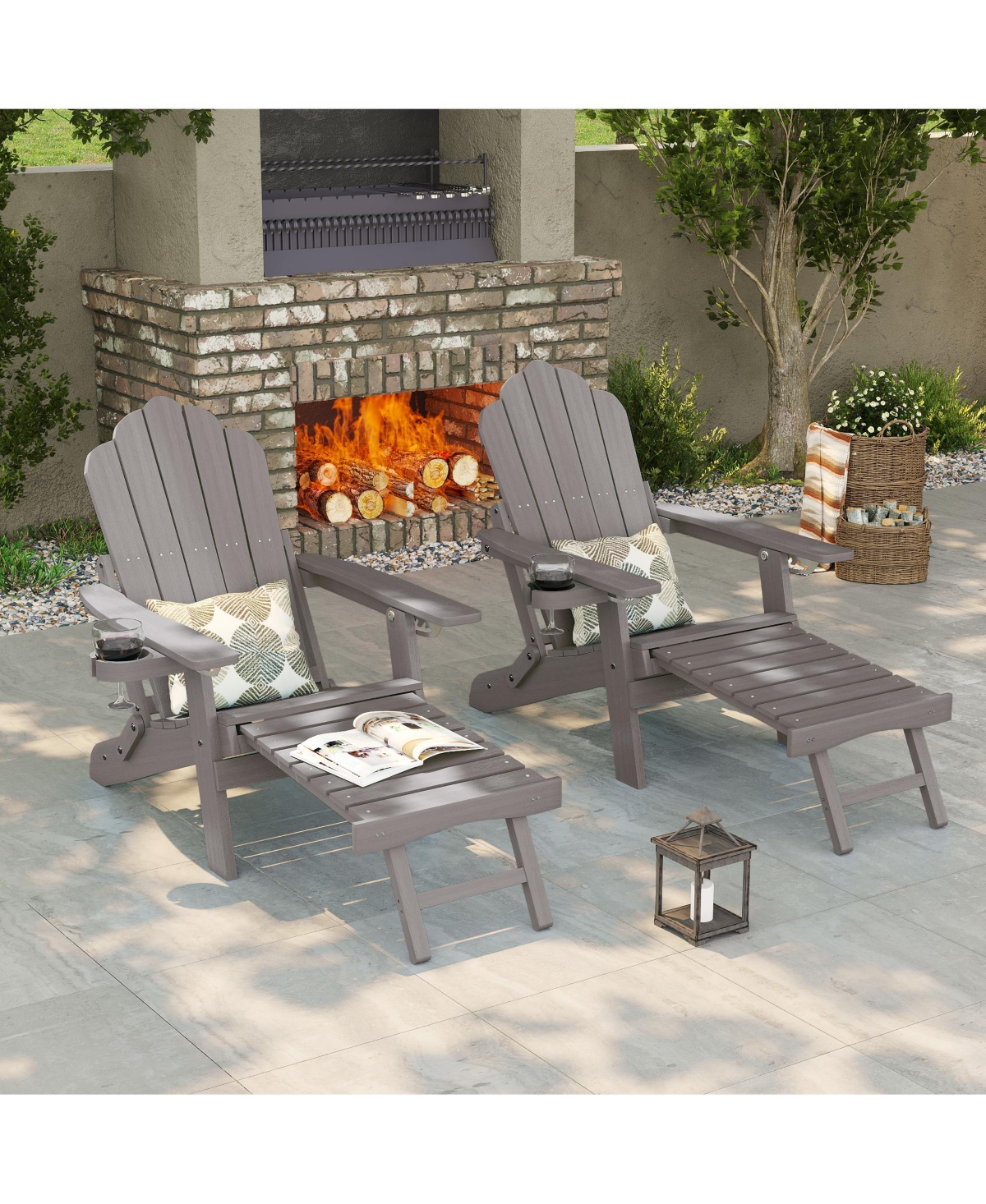 Sonkuki 2Pcs Folding Adirondack Chair with Retractable Ottoman, Weather Resistant Fire Pit Patio Cup Holder Lawn Outdoor Lounge