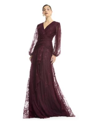 Women's Wrap Lace Gown with Sheer Sleeves - Tiered Ruffle Draped Evening Dress