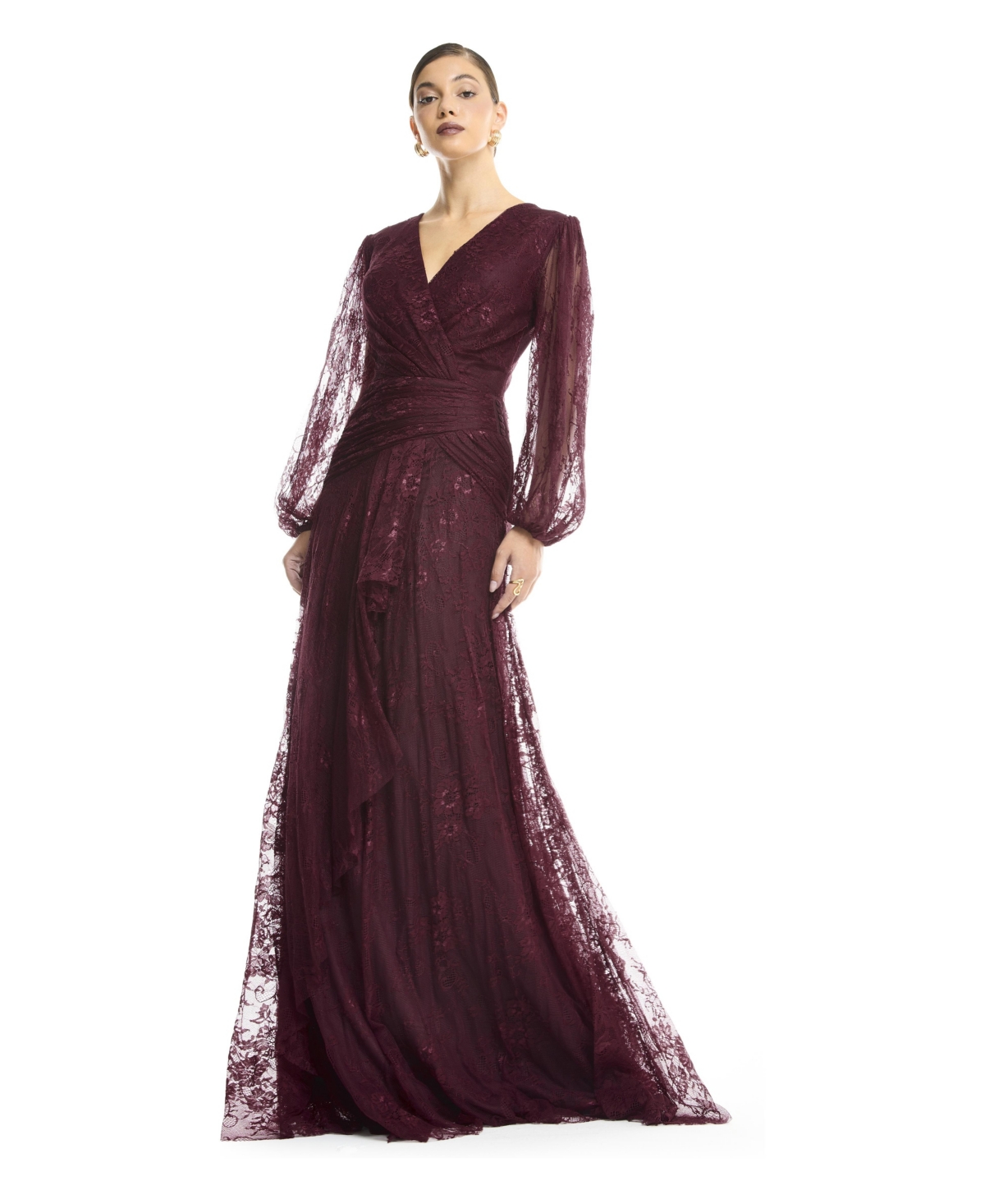 Amri Women's Wrap Lace Gown with Sheer Sleeves - Tiered Ruffle Draped Evening Dress