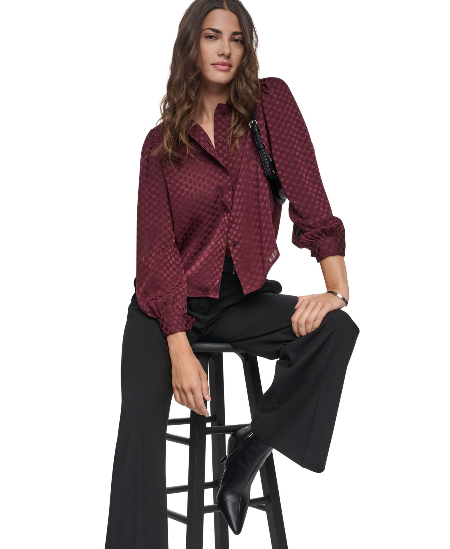 Petite Long-Sleeve Puff-Sleeve Button-Front Blouse