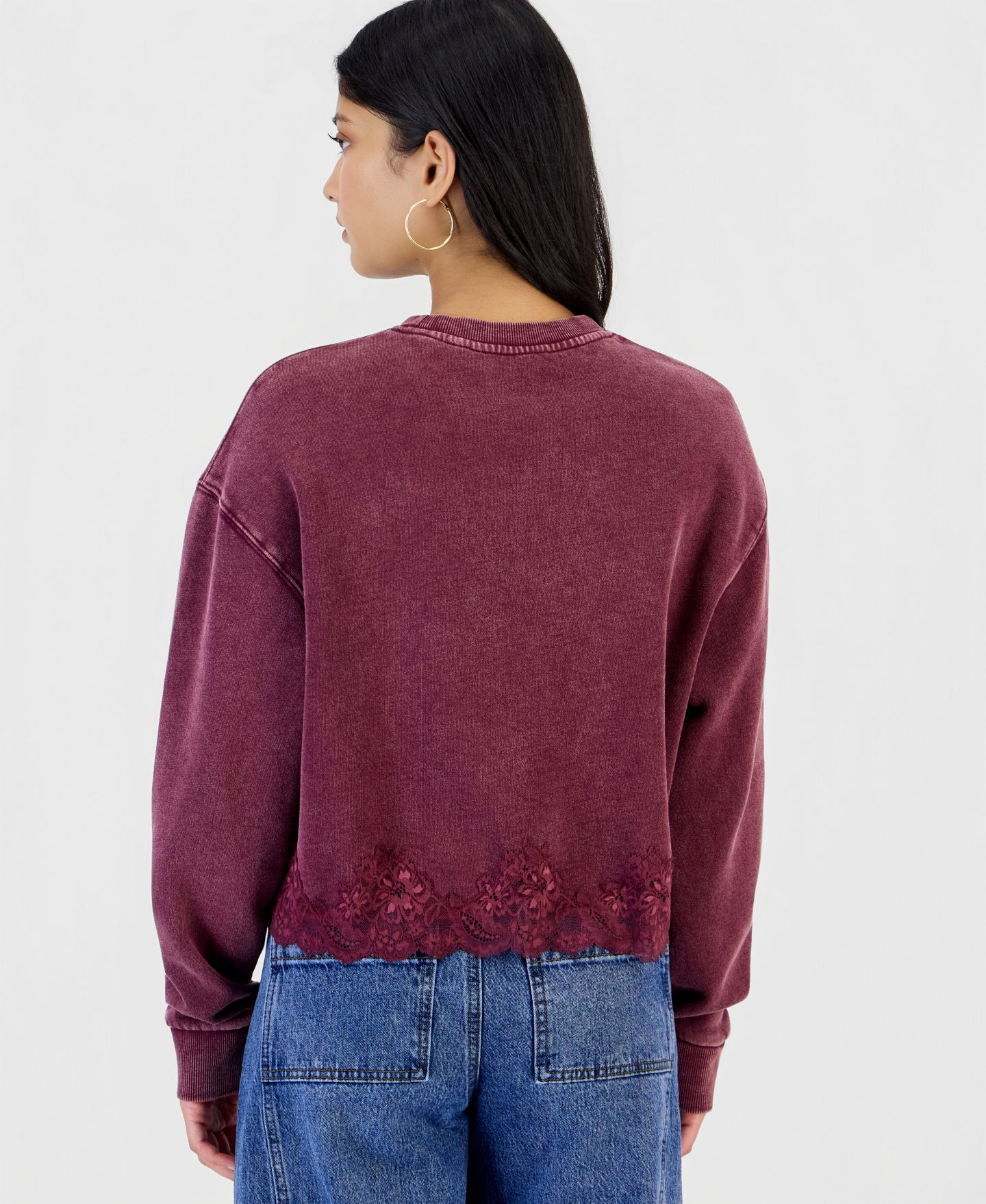 Женская толстовка And Now This Petite Lace-Trim Long-Sleeve Fleece Lounge Sweatshirt, цвет: Чёрный — фото 6