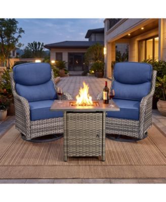3 Pieces Patio Furniture Set with Fire Pit Table, Outdoor PE Rattan Swivel Rocker Chairs with 6in Thick Cushions