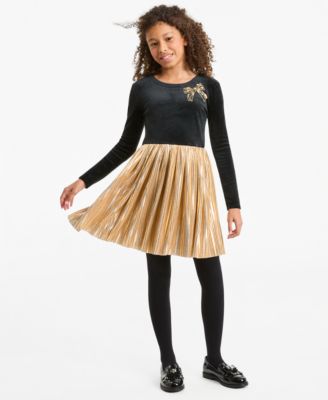 Girls' XS-XL Metallic Plisse Long-Sleeve Dress