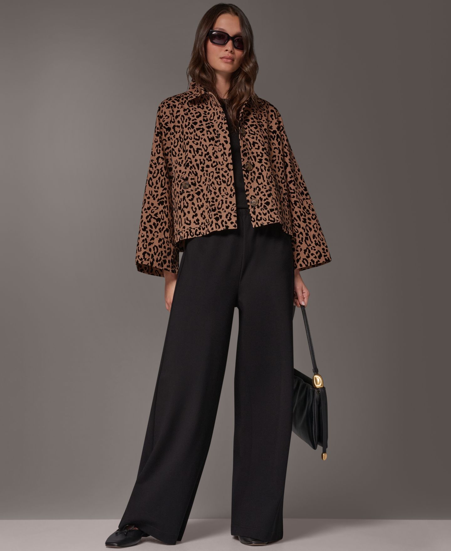 Женская куртка Donna Karan Weekend Flocked Canvas Leopard-Print Bell-Sleeve Trapeze, цвет: Верблюжий комбинированный — фото 11