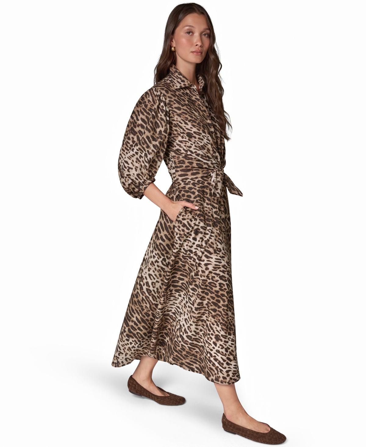 Donna Karan Weekend Women's Leopard-Print Voile Cocoon-Sleeve Midi Shirt Dress