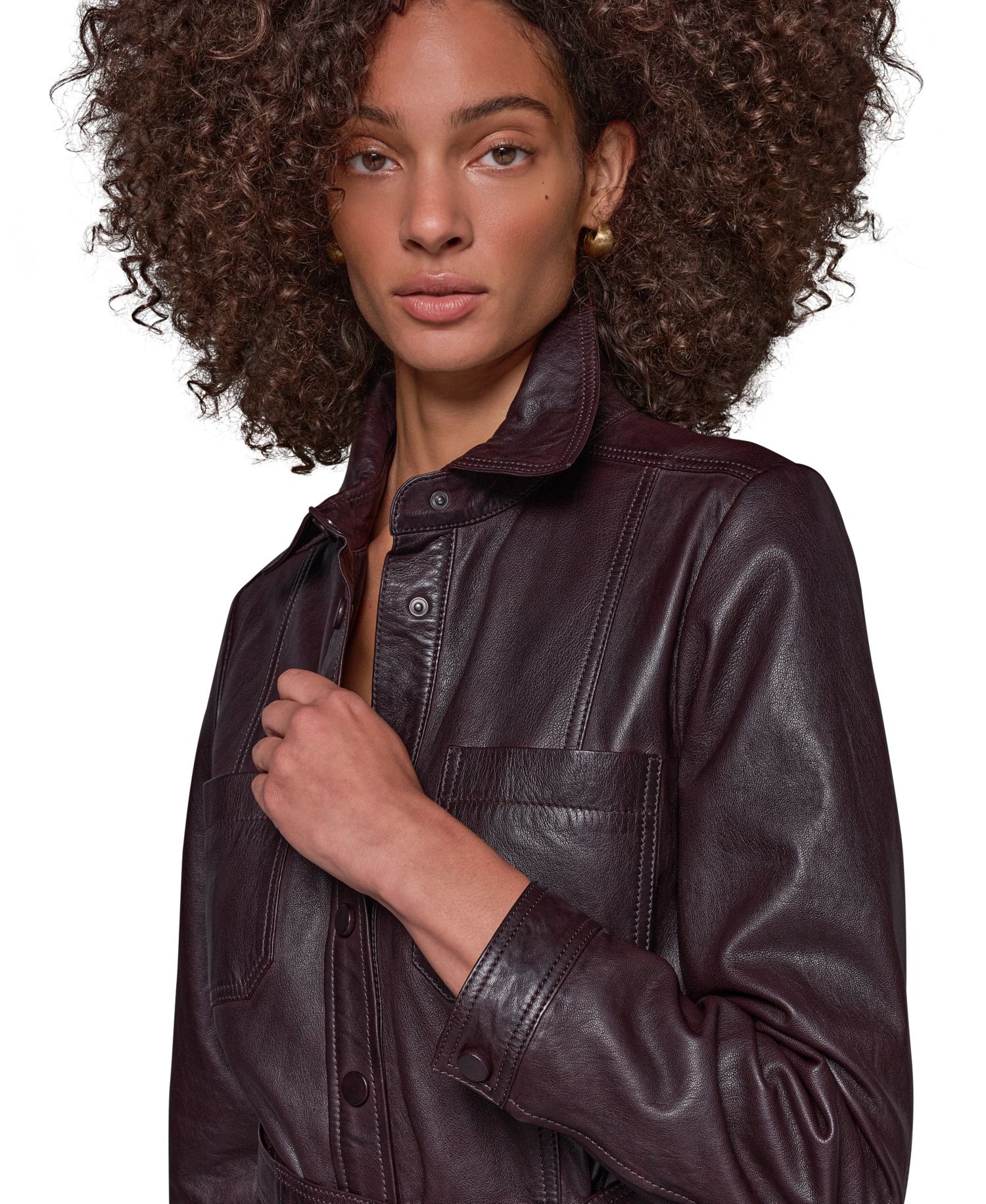 Women's Long-Sleeve A-Line Collared Leather Shirt Dress
