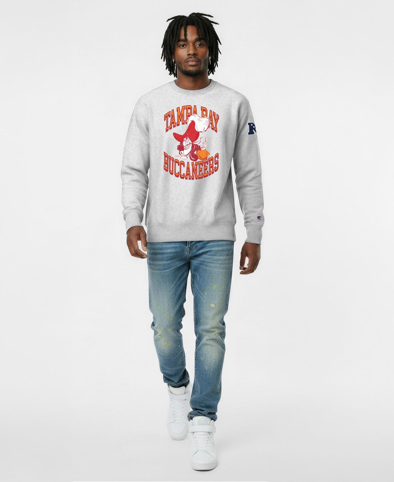 Men's Silver Tampa Bay Buccaneers Disney X Champion Reverse Weave Fleece Crewneck Sweatshirt