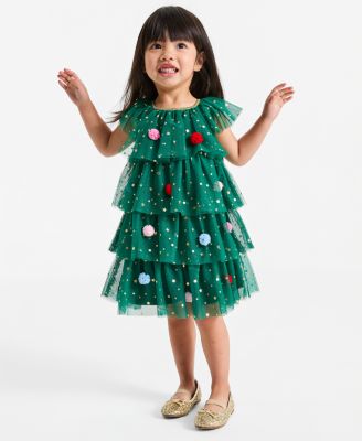Girls' 12M-5T Tree Tutu Short-Sleeve Tiered Pom Pom Dress