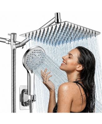 10" Rainfall Shower Head Square Stainless Steel Handheld Spray Anti-clog Extension Arm 5 Modes Bathroom