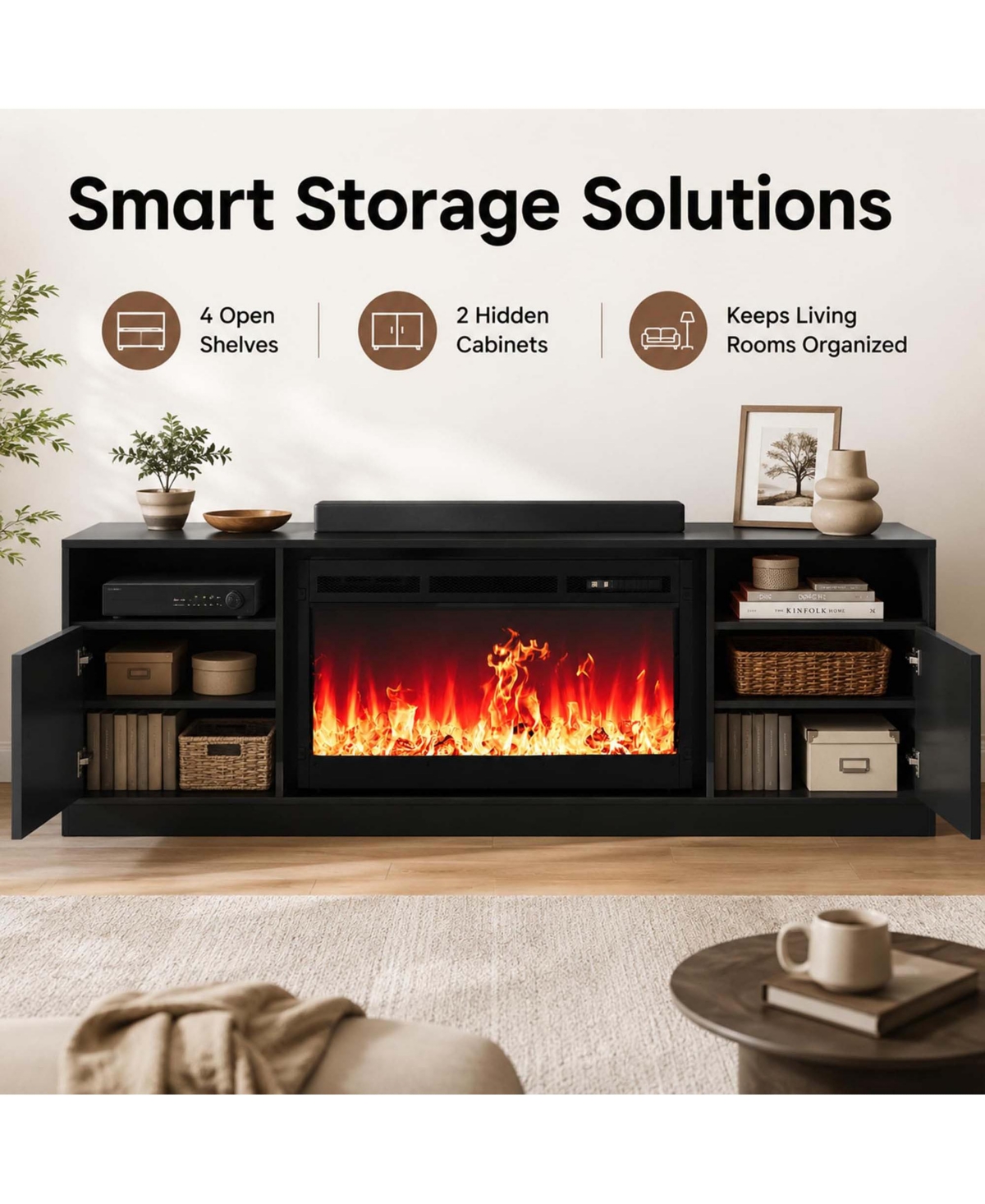 homfan Electric Fireplace Tv Stand Entertainment Center with Heater Adjustable Flame Remote Control Storage Shelves Cabinets for Large TVs Living Room