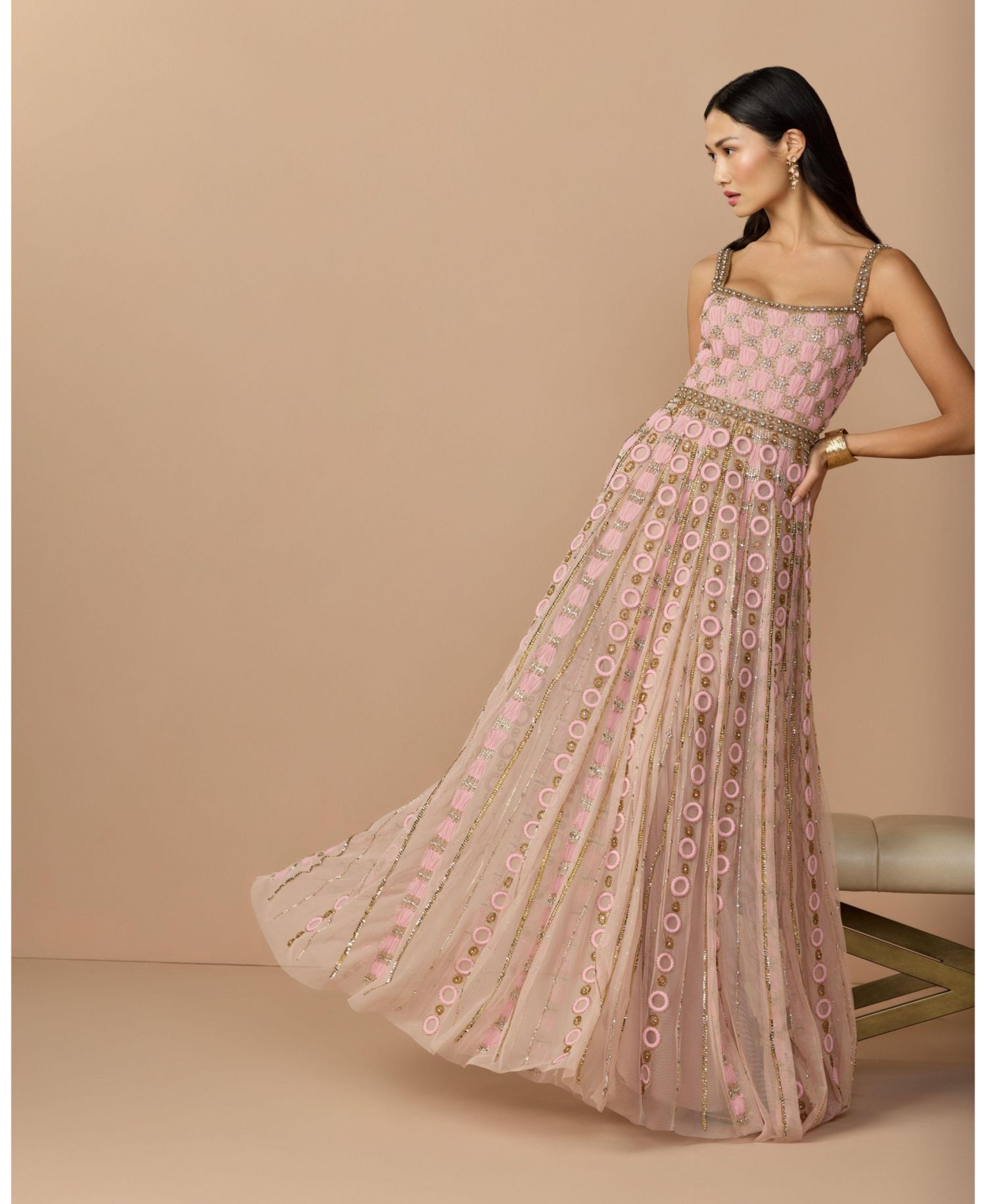 Petite Square Neck Sleeveless Embellished Evening Gown
