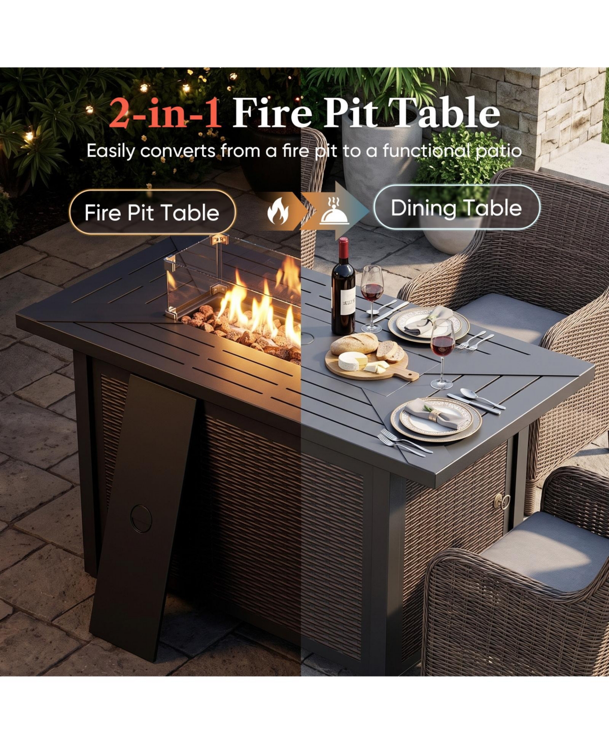Pocassy 7 Pieces Patio Furniture Set with Fire Pit High Back Outdoor 6-inch Cushions Wicker Swivel Rocker Chairs