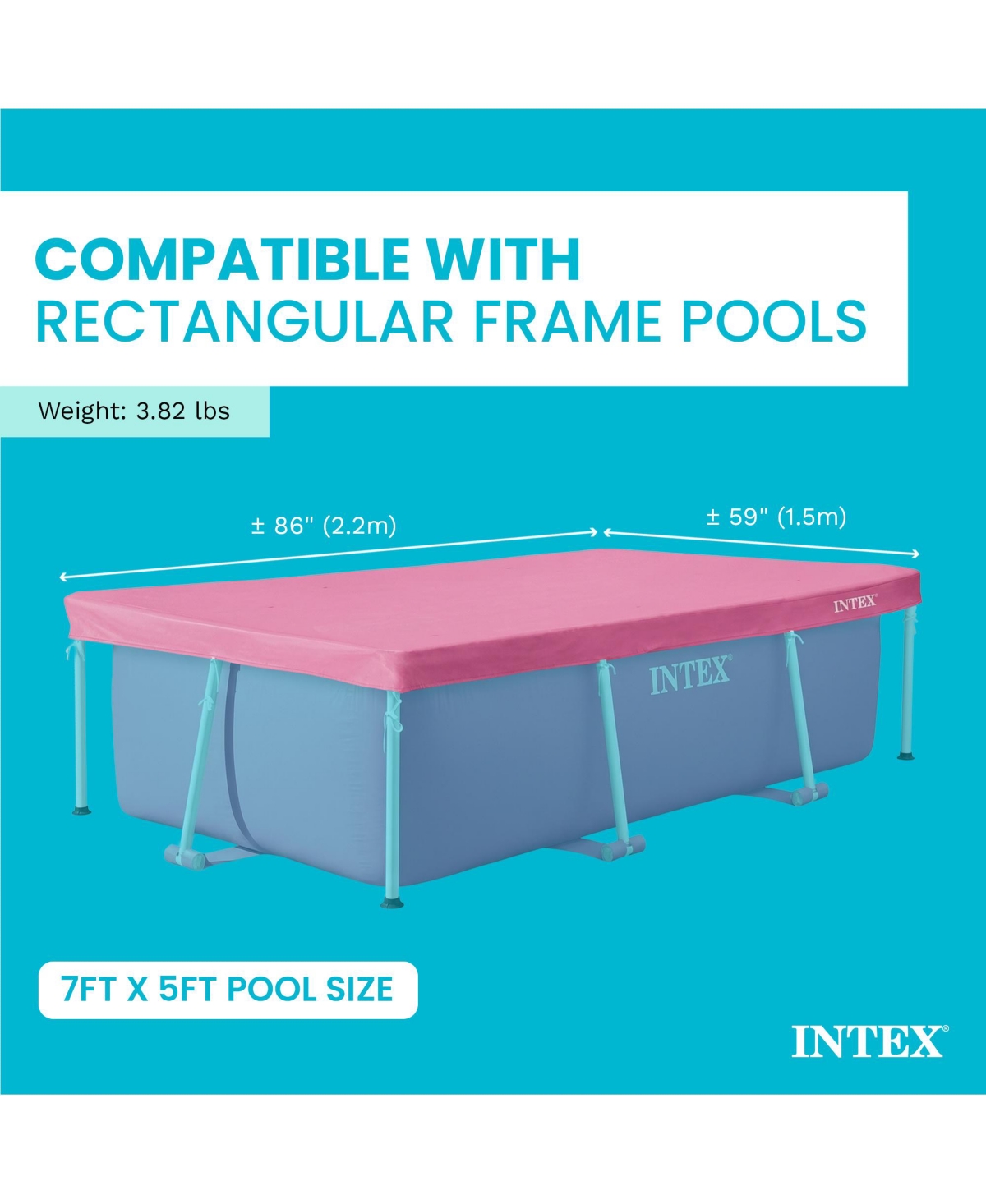 Intex 7.2ft x 4.9ft Rectangular Outdoor Backyard Swimming Pool Cover, Pink