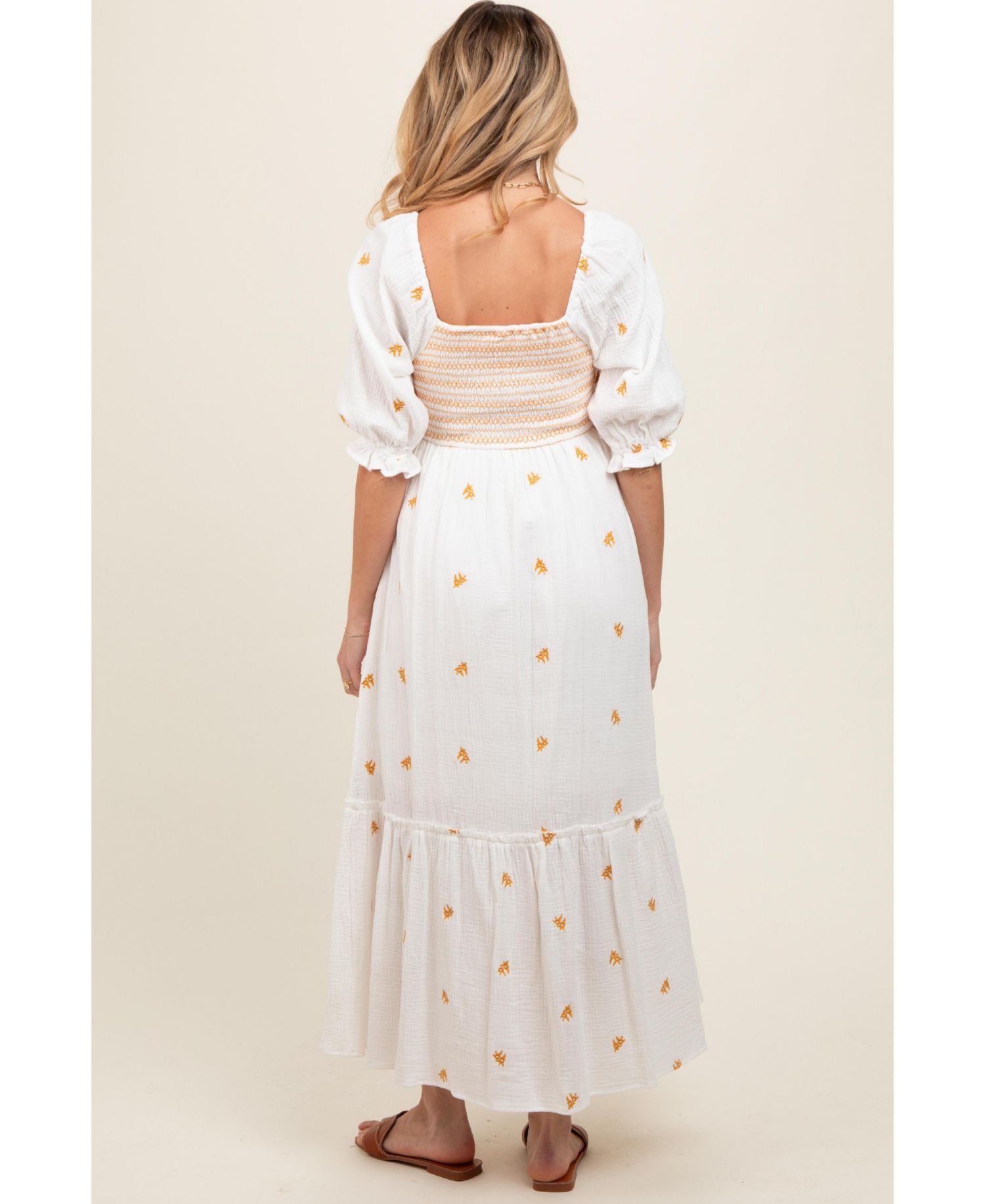 Women's Ivory Gauze Smocked Embroidered Square Neck Midi Dress