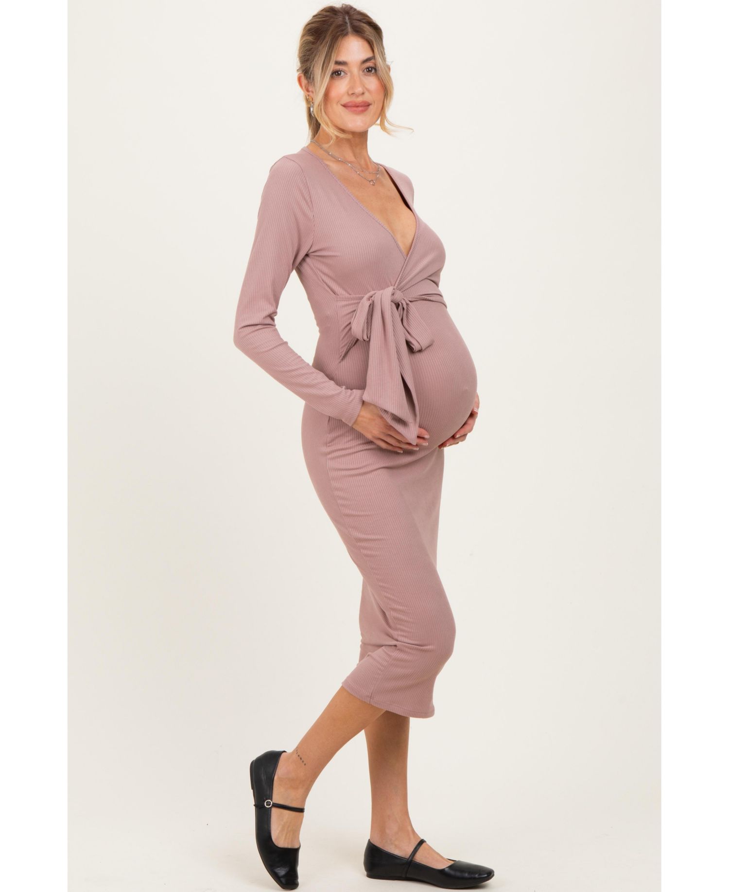 Women's Blue Ribbed Long Sleeve Wrap Dress