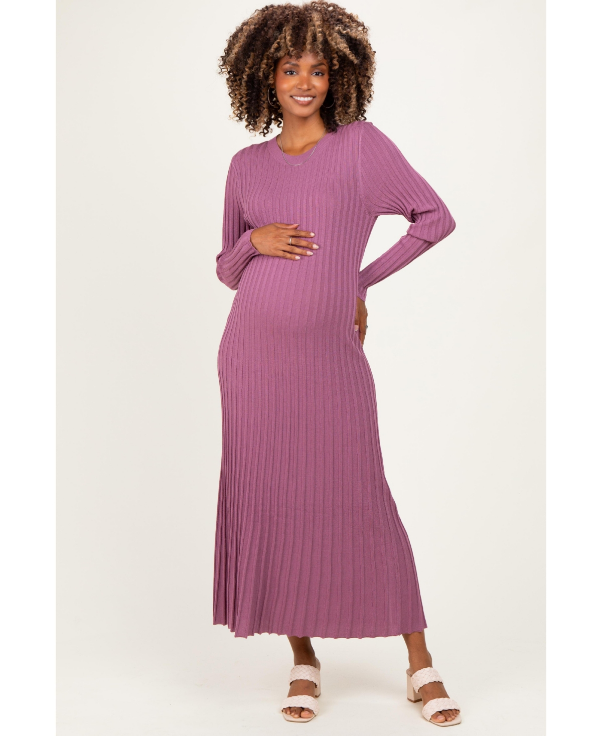 Pinkblush Maternity Long-Sleeve Ribbed Crewneck Sweater Midi Dress - Mauve