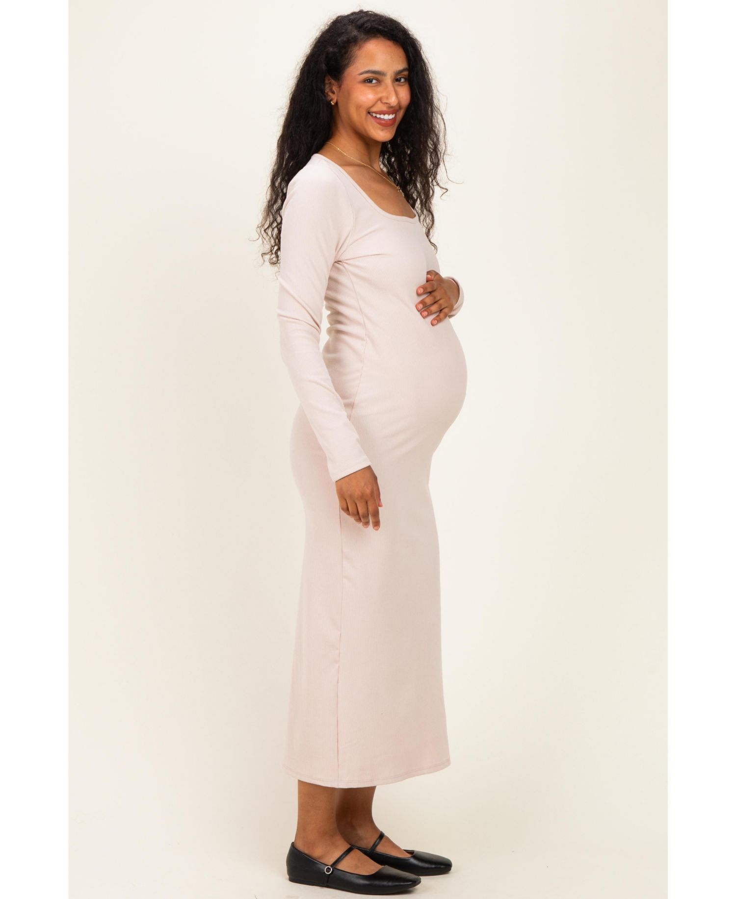 Women's Hunter Green Scoop Neck Long Sleeve Midi Dress