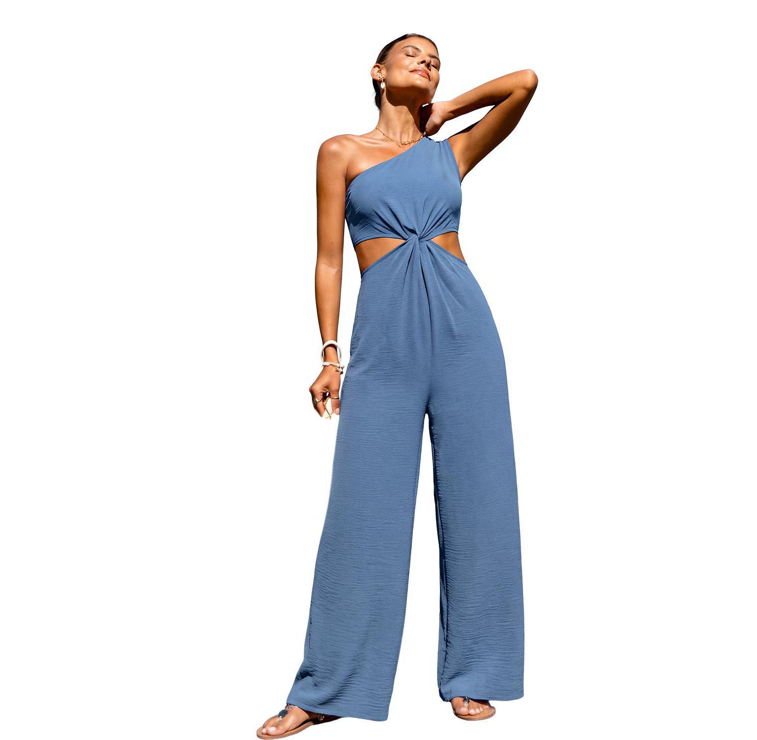 Women's One-Shoulder Twist-Front Wide-Leg Jumpsuit