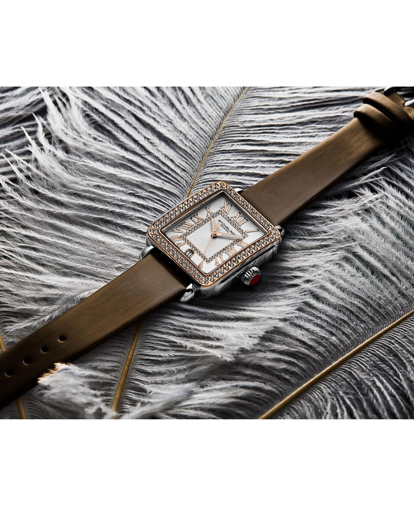 Женские часы Stuhrling Elegant Rectangular 35x47mm Dress Watch - Model 4060L.5, Rose Gold Crystal Bezel, Silver Case, Brown Leather Strap — фото 5