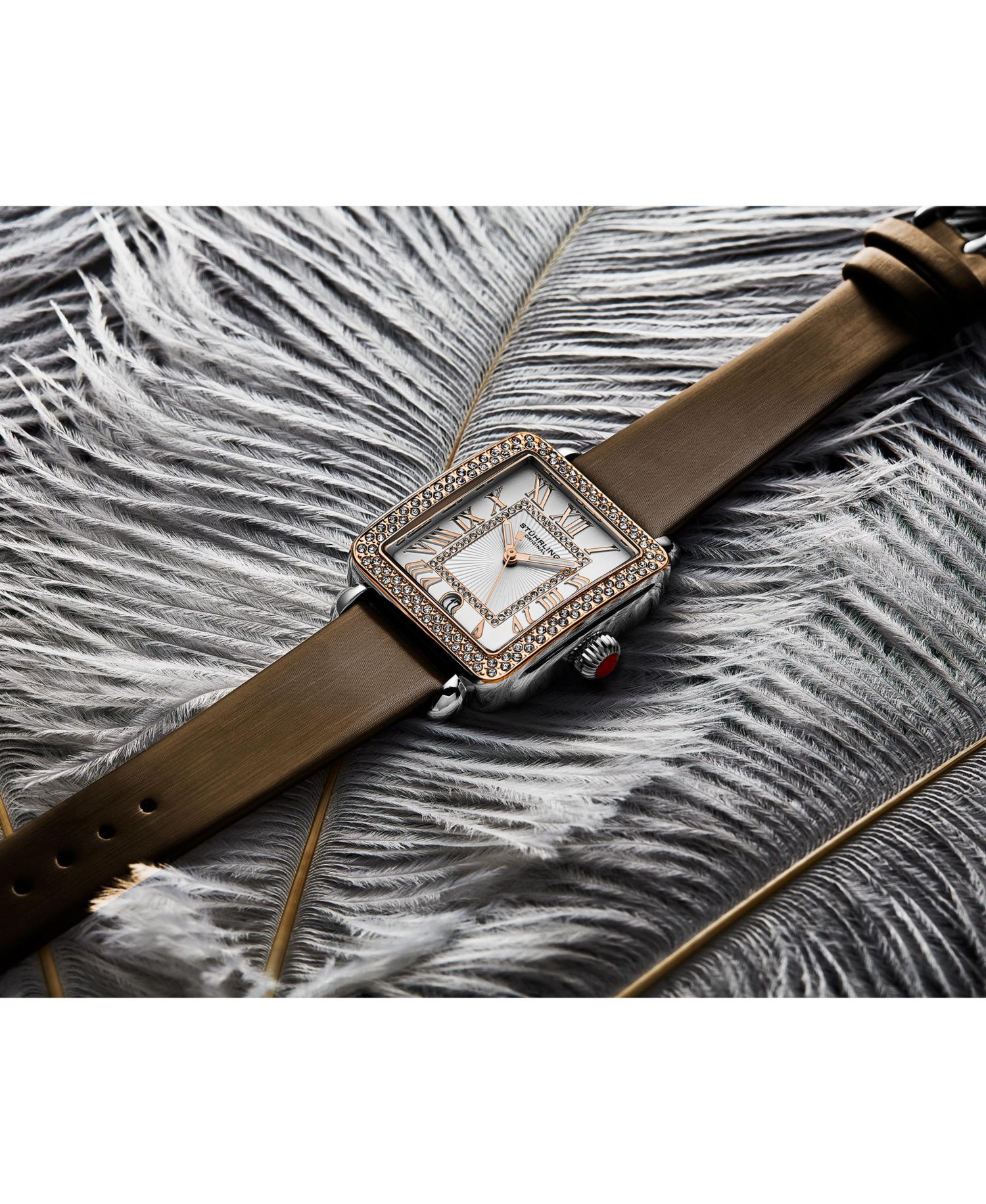 Elegant Women s Rectangular 35x47mm Dress Watch - Model 4060L.5, Rose Gold Crystal Bezel, Silver Case, Brown Leather Strap