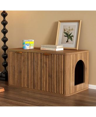31.5" Modern Walnut Cat Litter Box Enclosure, Hidden Litter Cabinet with Fluted Design