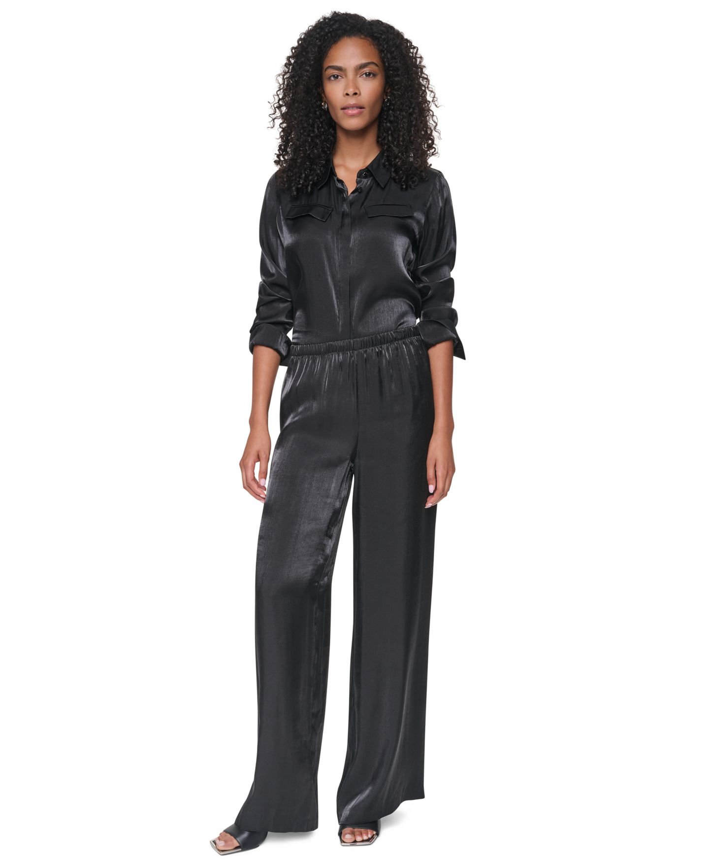 Женские широкие атласные брюки DKNY East River Shine без застёжки, цвет: Чёрный — фото 2