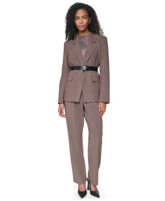 Women's Belted Notch Collar Stretch Blazer & Pleated Straight-Leg High-Waisted Trousers