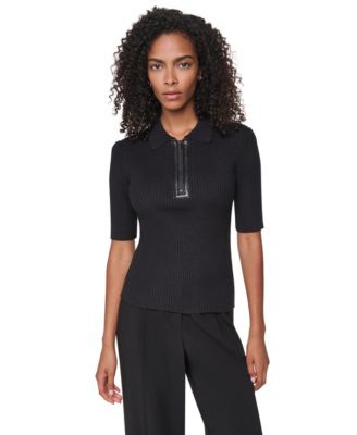Women's Polo Short-Sleeve Ribbed-Knit Zip-Front Sweater