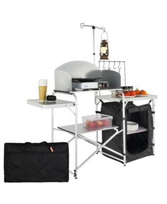 Folding Camping Kitchen Table with Windscreen Cupboard Lamp Pole and Carrying Bag