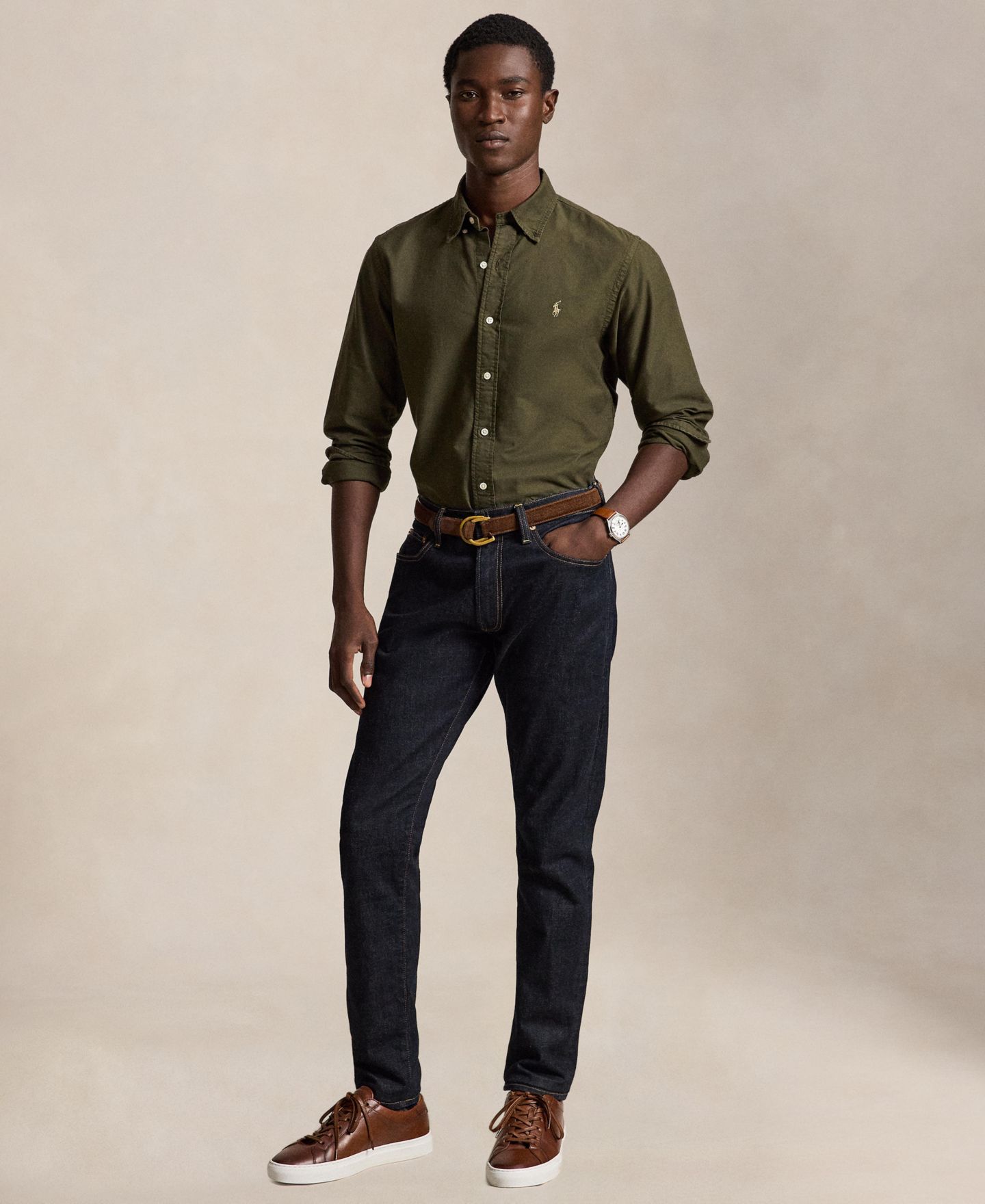 Мужская рубашка Polo Ralph Lauren Custom Fit Garment-Dyed Oxford, цвет: Оливковый — фото 2
