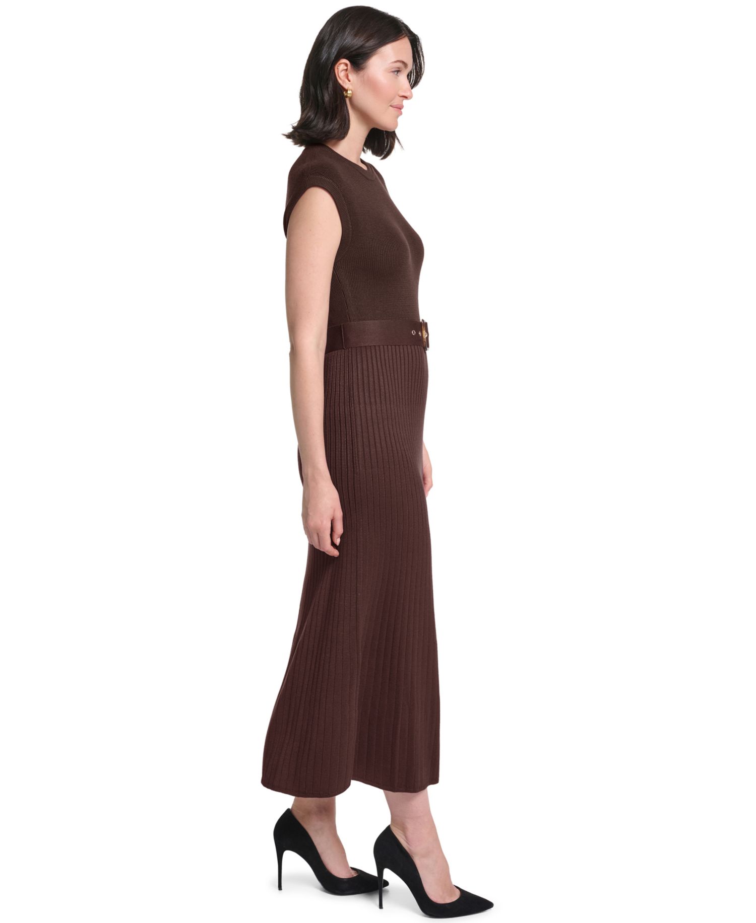 Petite Belted Midi Ribbed Dress