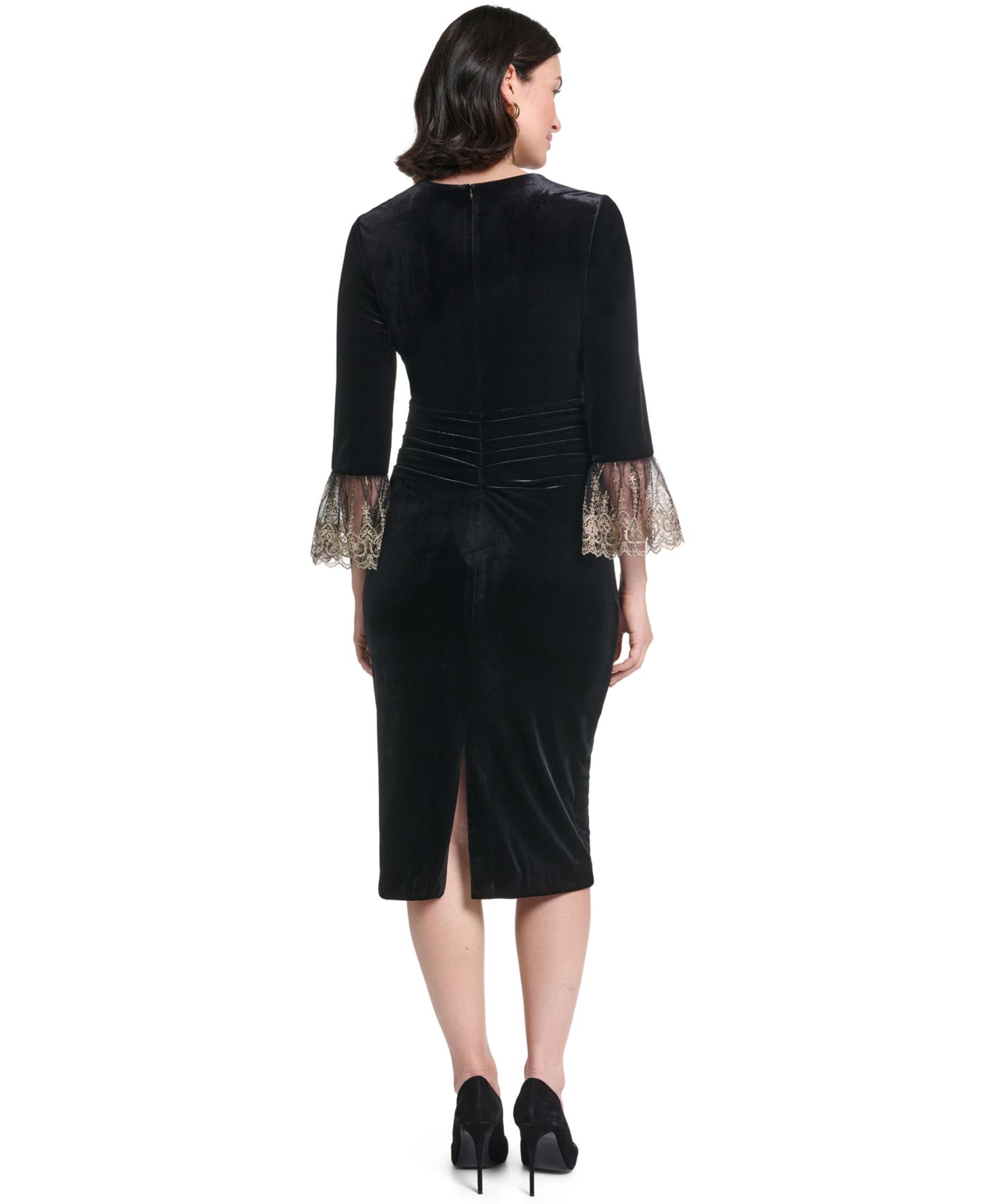 Женское платье Jessica Howard 3/4-Sleeve Ruched Waist Stretch Velvet Sheath, цвет: Чёрный — фото 5