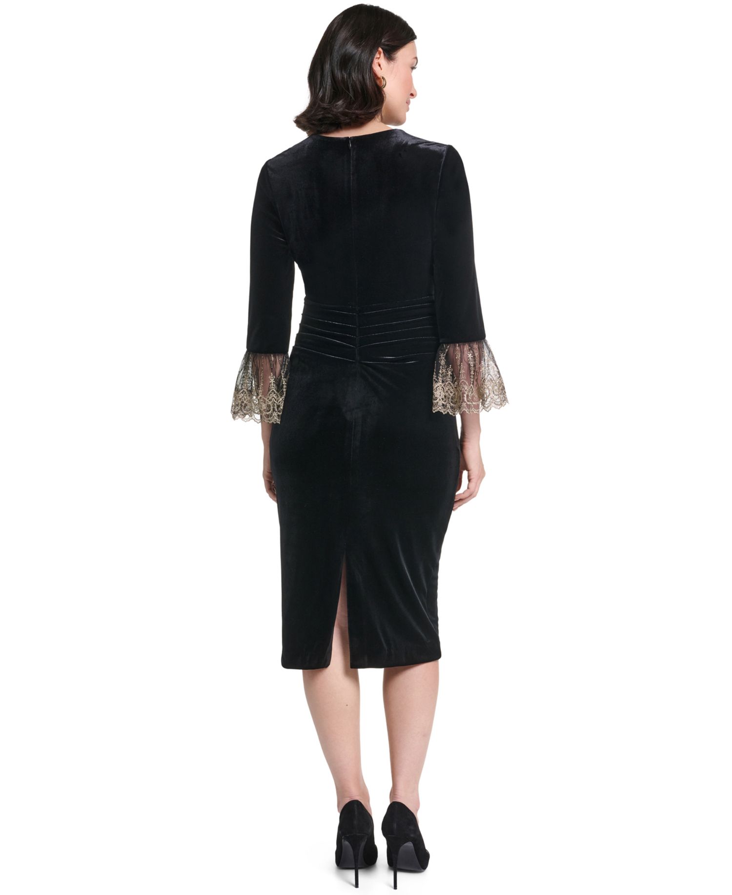 Petite 3/4-Sleeve Ruched Waist Stretch Velvet Sheath Dress