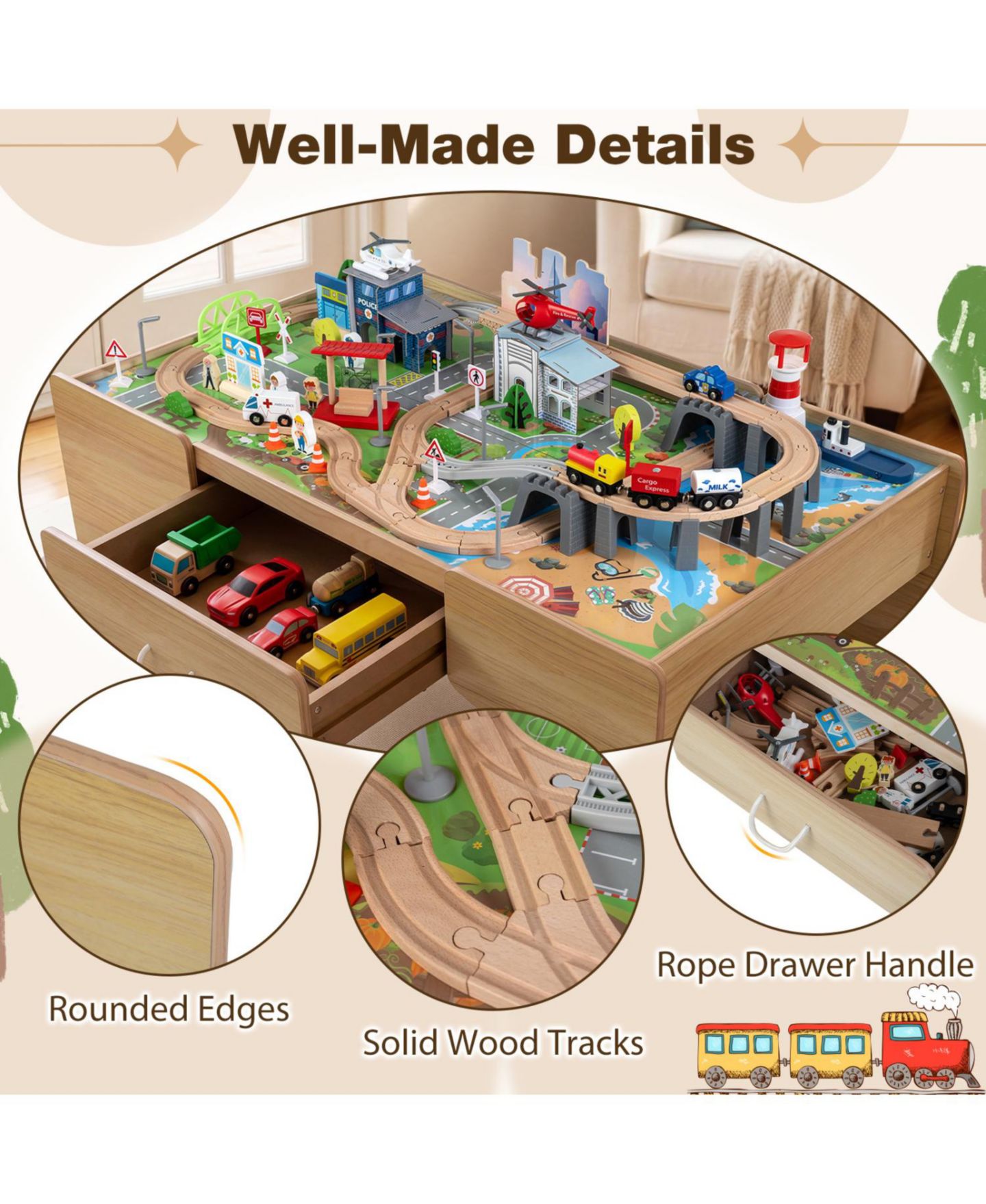 Детские игрушки HONGGE 110-Piece Wooden Train Table With Storage Drawer, цвет: Коричневый — фото 8