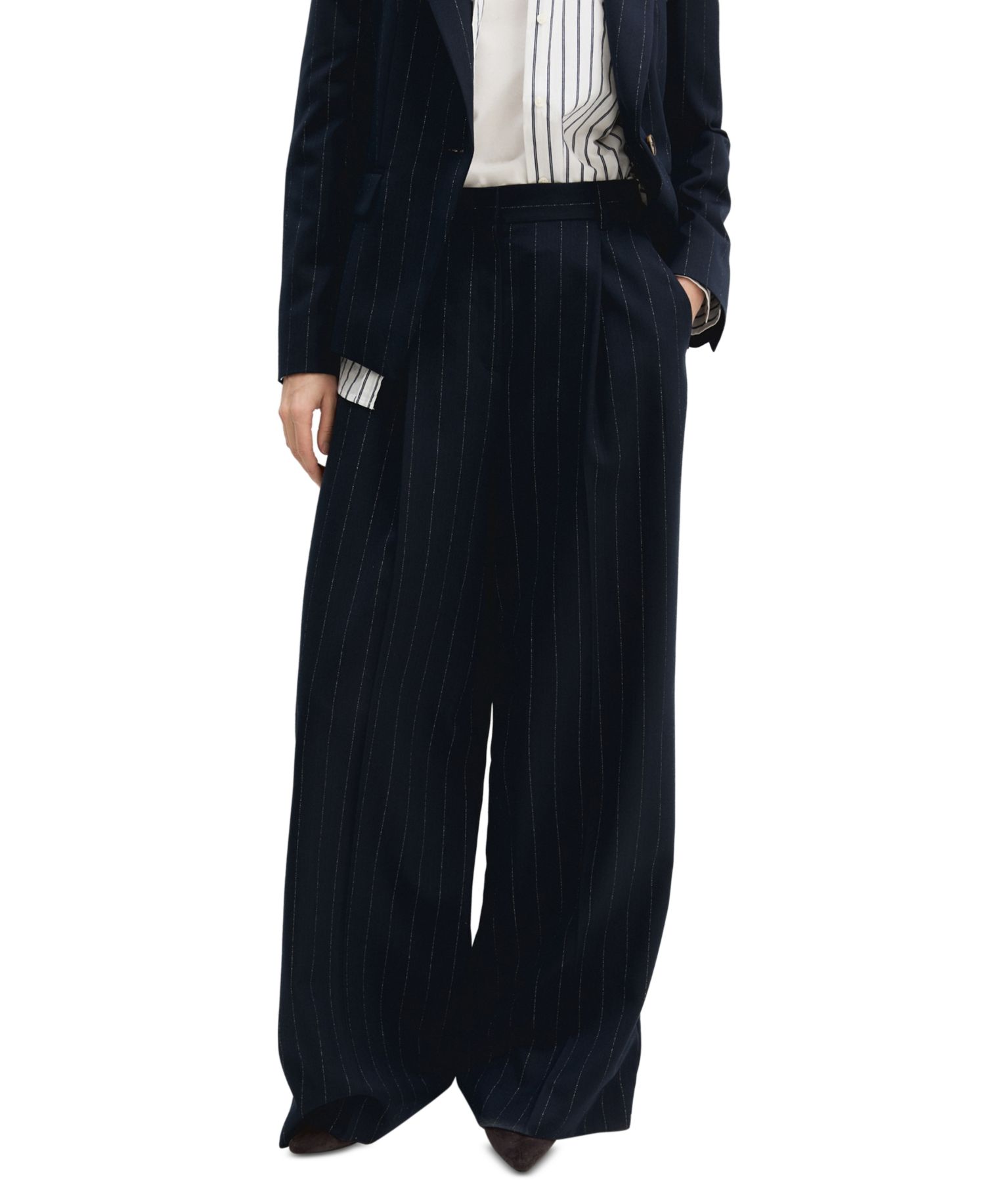 Women's Lam&eacute; Pinstripe Wide-Leg High-Waisted Trousers