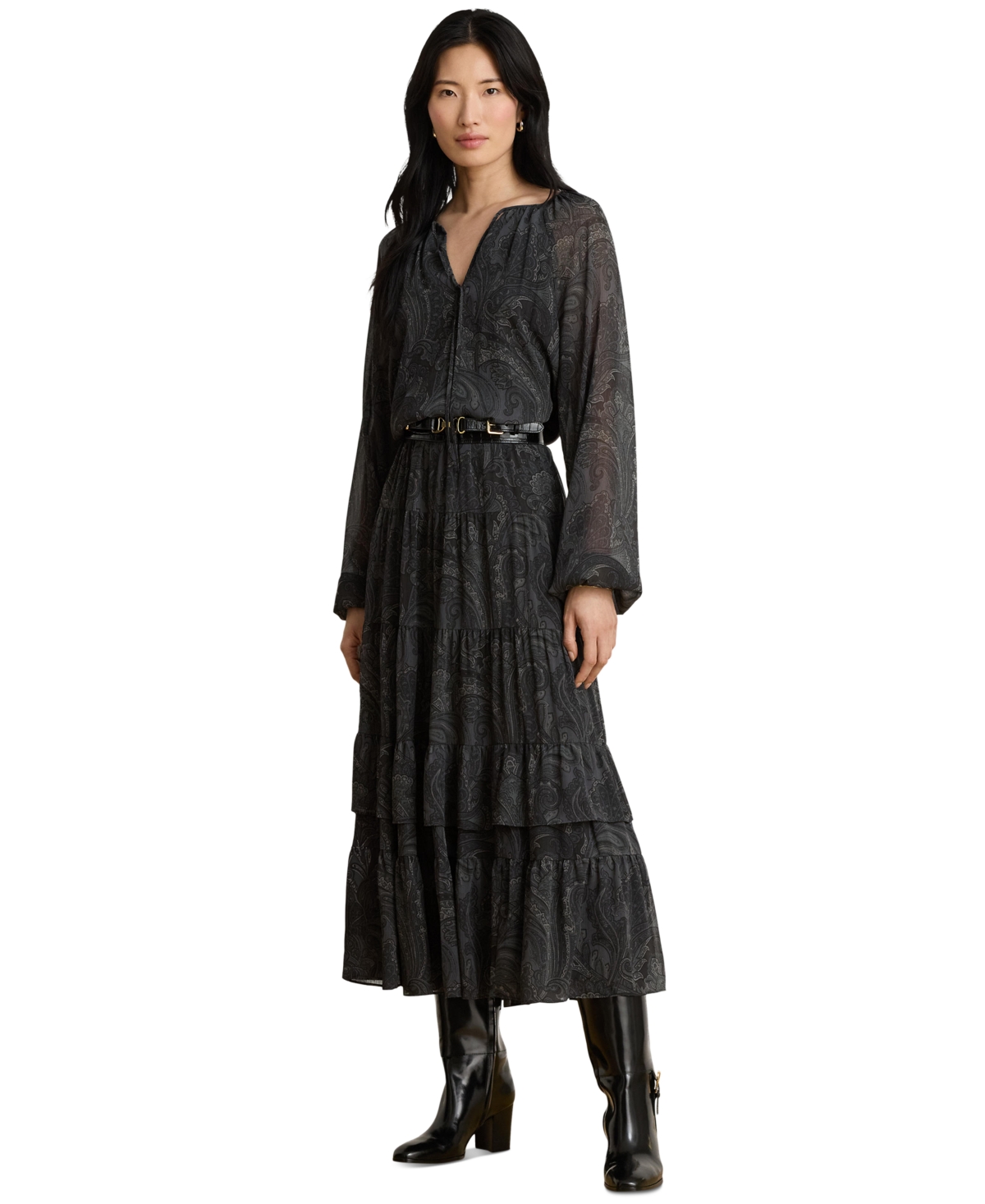 Lauren Ralph Women's Paisley Smocked Waist Tiered Midi Dress