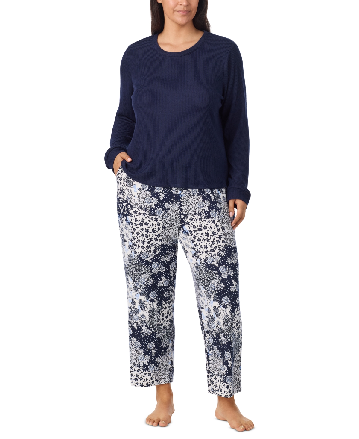 Ellen Tracy Women's Long-Sleeve Patchwork Floral Pajama Set, 2-Piece