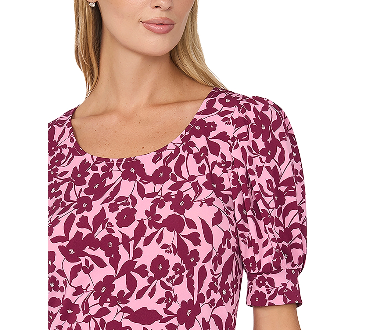 CeCe Women's Floral-Print Shirred Short-Sleeve Crewneck Blouse