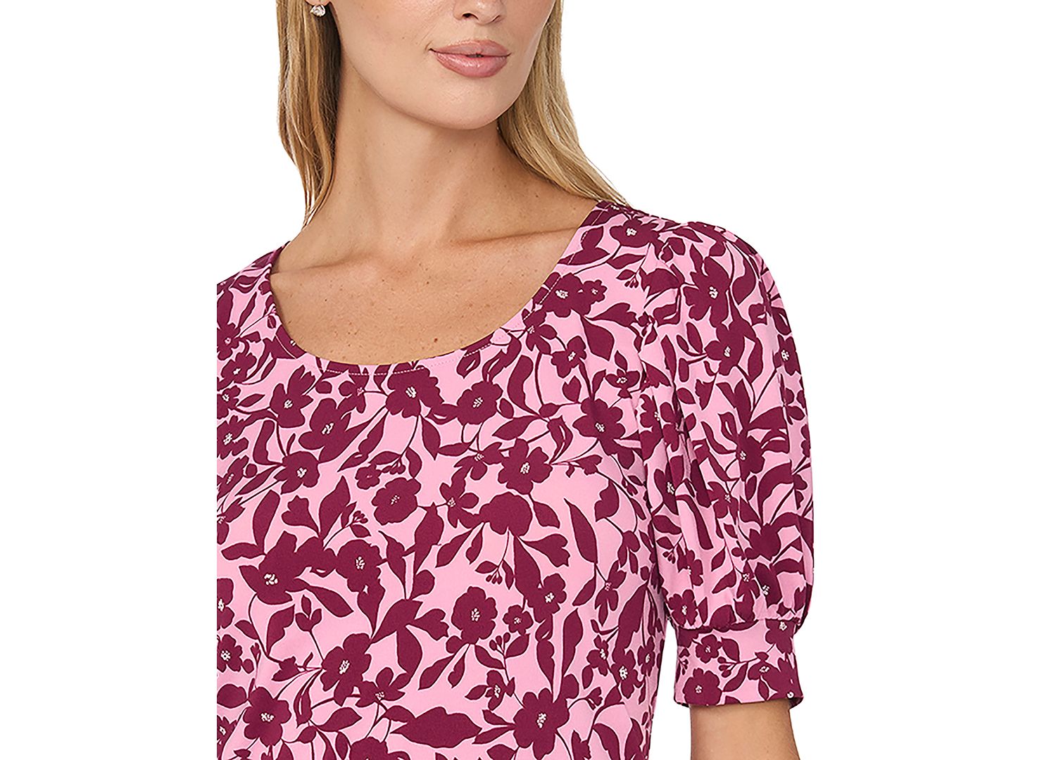 Women's Floral-Print Shirred Short-Sleeve Crewneck Blouse