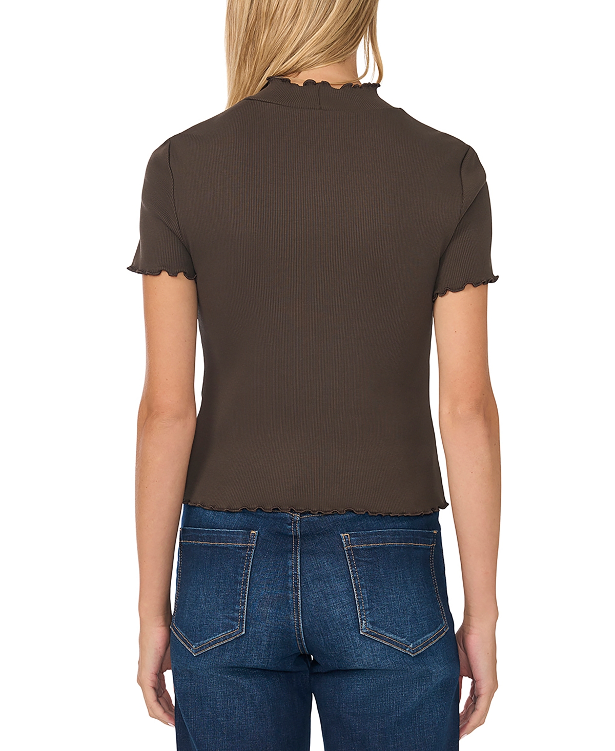 CeCe Women's Lettuce-Trim Mock Neck Short-Sleeve Top