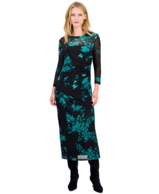 Petite Mesh Side Ruche Floral Midi Dress