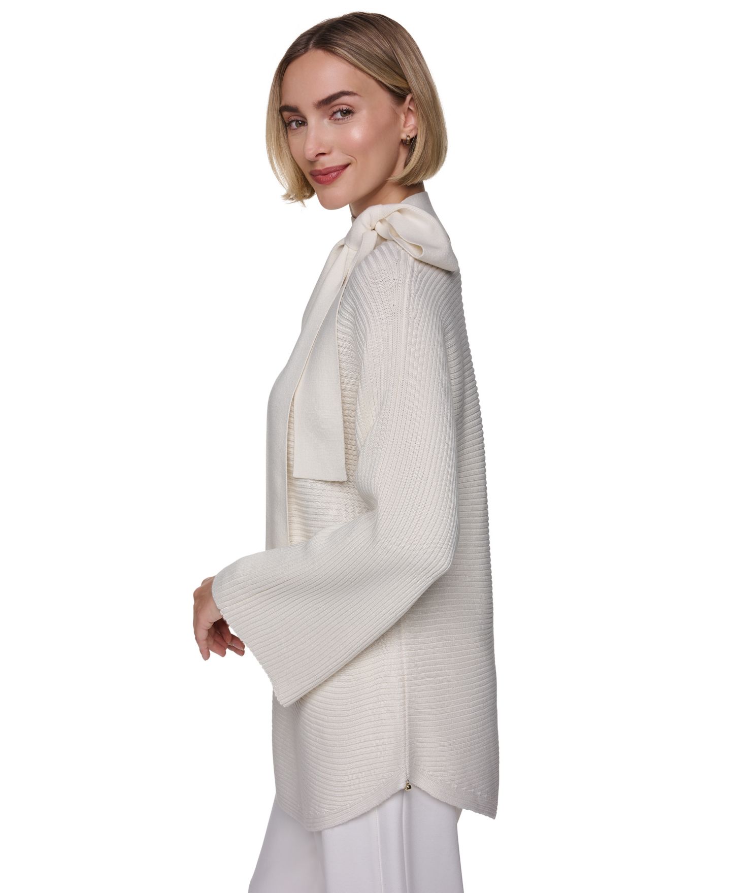 Женский свитер Sonia Rykiel Tie-Front Mock-Neck Long-Sleeve Ribbed, цвет: Слоновая кость — фото 2