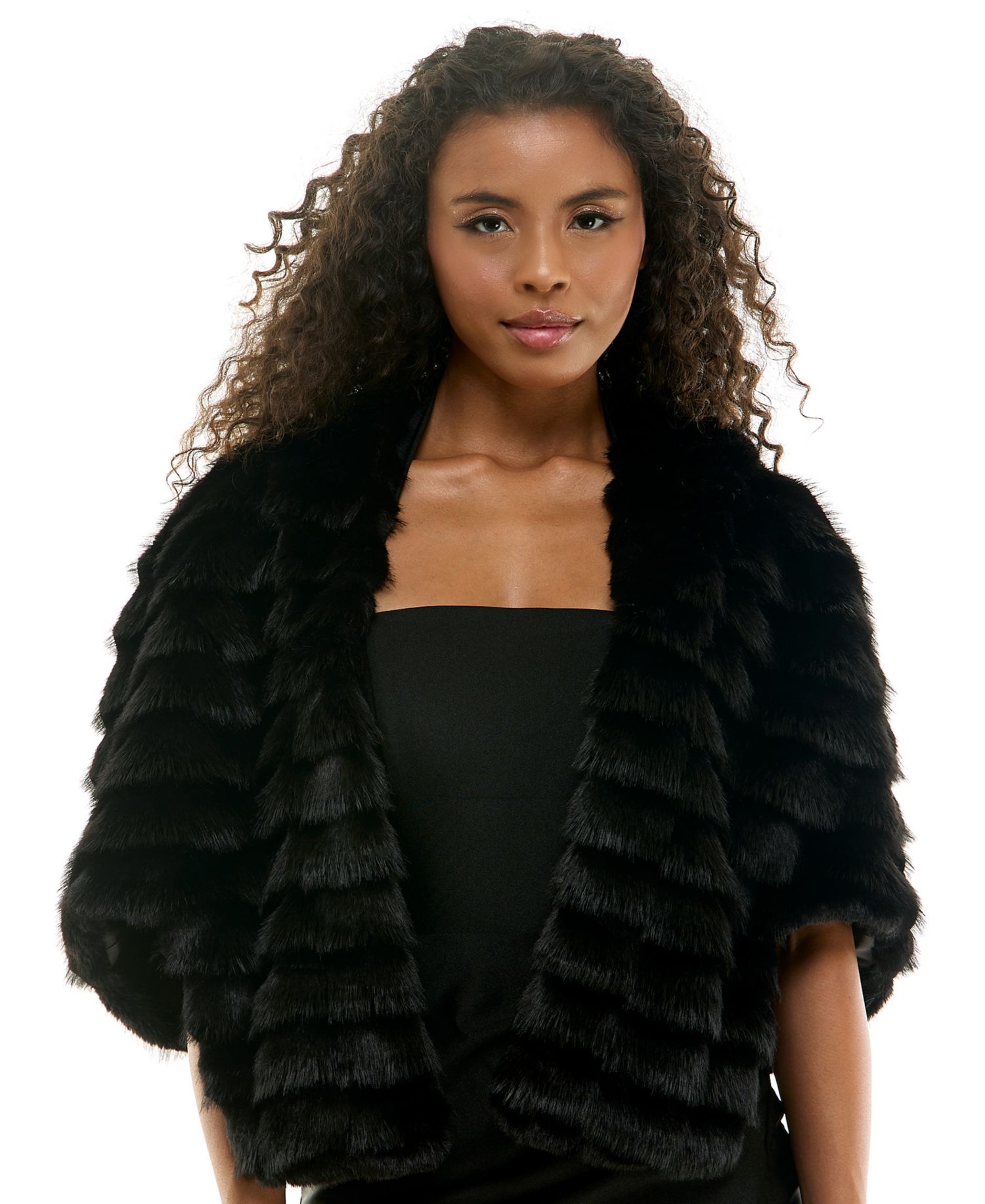 Juniors' Tiered Cropped Faux Fur Shawl Jacket