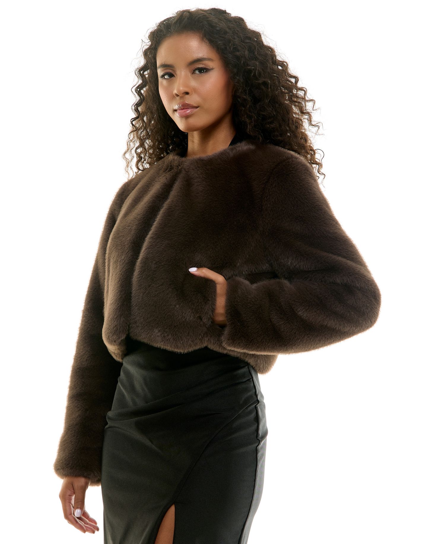 Juniors' Faux Fur Long-Sleeve Cropped Jacket