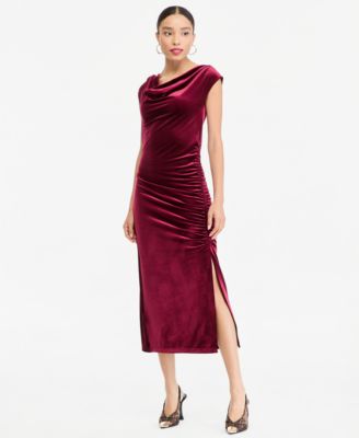 Women's Velvet Ruched Cowl-Neck Midi Dress
