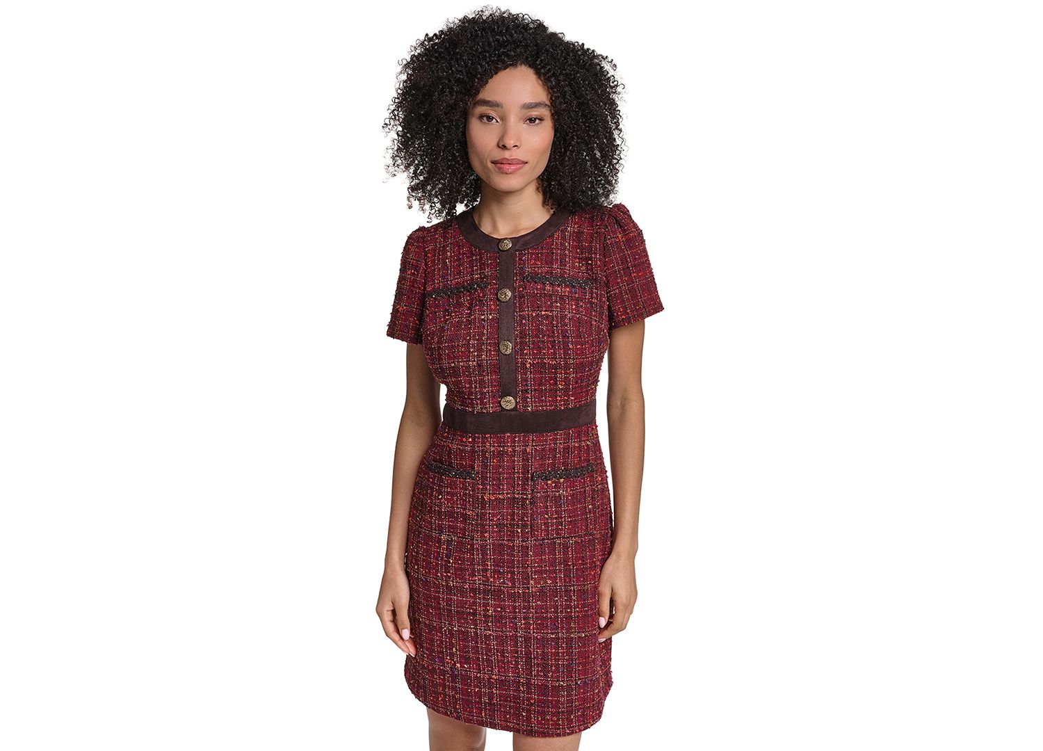 Women's Short-Sleeve Tweed Crewneck Sheath Dress