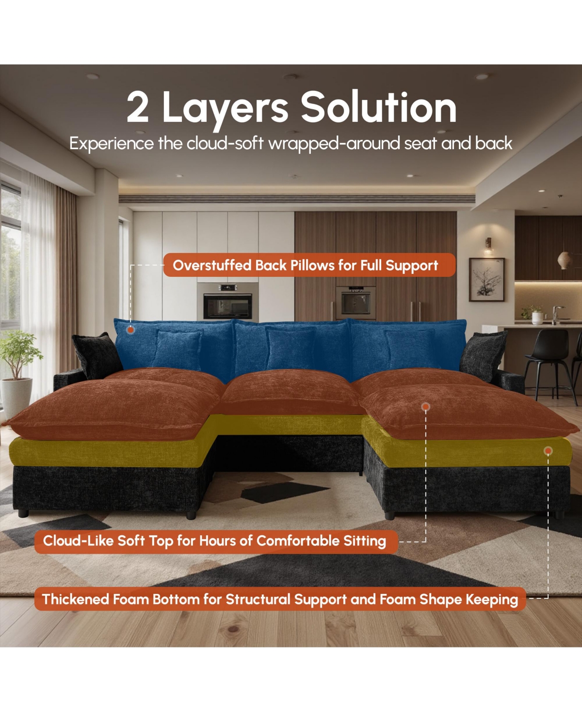 Xizzi 143" U-Shaped Modular Sectional Sofa with 2 Ottoman, Comfy Chenille Cloud Couch Deep Seat Bed 6 Pillows for Living Room, 6-Seater